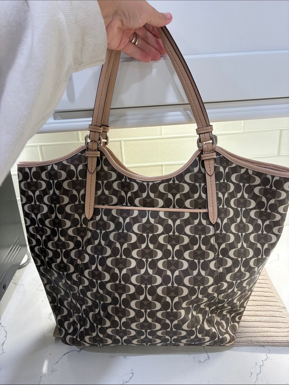 Coach Brown Signature Logo Tote with Pink Trim - Picture 3 of 4